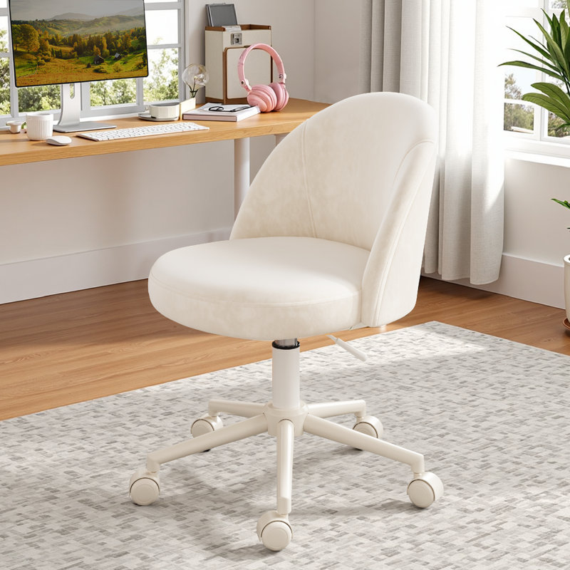  25.1" W Modern Office Chair With Wheels, Adjustable Task Chair Featuring Soft-padded Backrest For Office And Bedroom Use,White