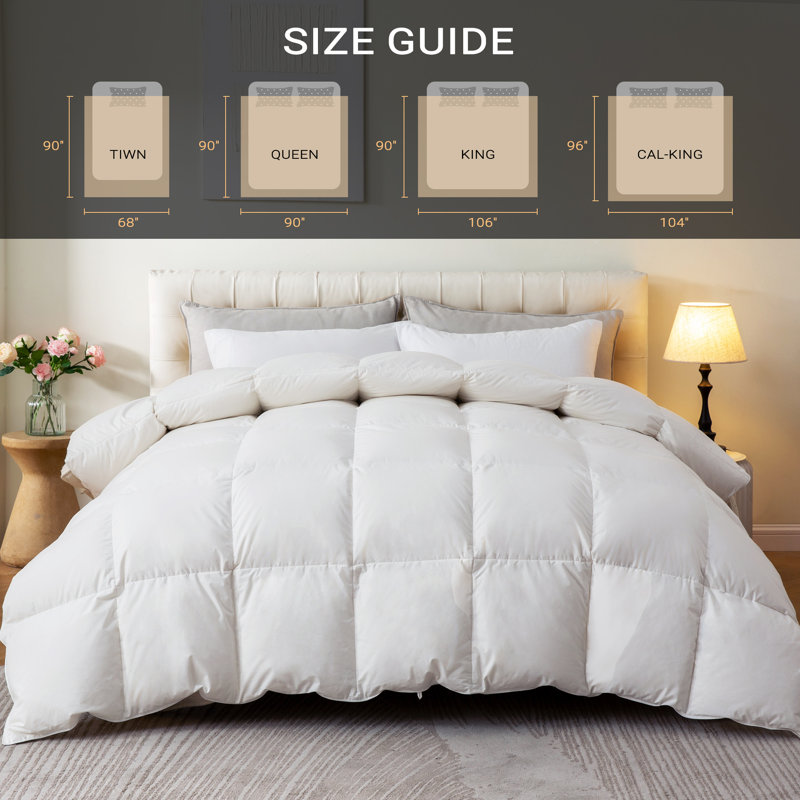 All Season Feather Down Comforter 750 Fill Fluffy Duvet Insert 100% Cotton Cover with Corner Tabs, King, White