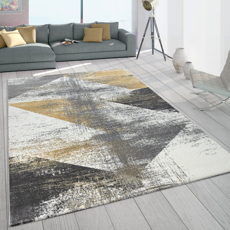 Tapis rectangulaire jaune / gris tissé à la machine Chyrl, Rectangle 3 pi 11 po x 5 pi 7 po