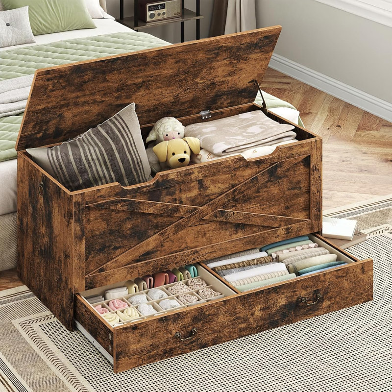 Coffre de rangement, banc de rangement de 39,4 po avec tiroir et poignées, coffre à jouets en bois avec plateau relevable, coffre de rangement pour le salon, la chambre à coucher et l'entrée