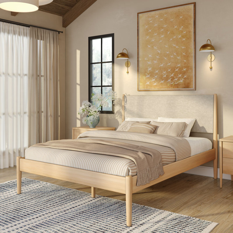 Jacelyn Queen Bed with Upholstered Headboard, Blonde/Swiss Coffee, Queen, Blonde