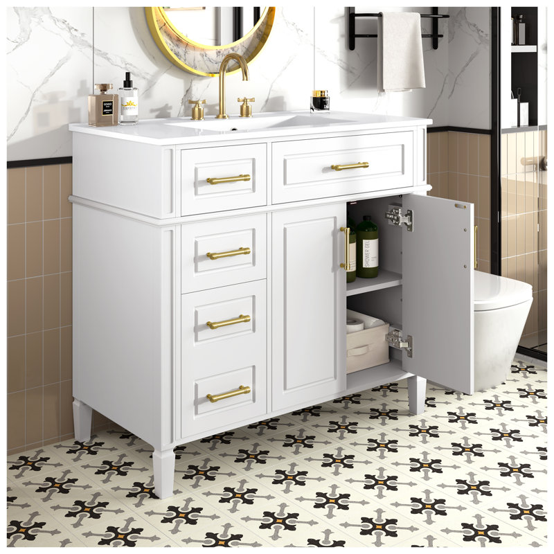 Meuble-lavabo moderne 36 po avec lavabo en céramique, meuble-lavabo simple blanc à 4 tiroirs et 2 portes, charnières à fermeture en douceur et poignées en métal doré