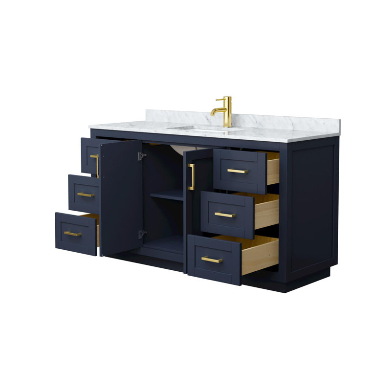Miranda 60" Freestanding Single Bathroom Vanity with Marble Top, Brushed Gold, Dark Blue