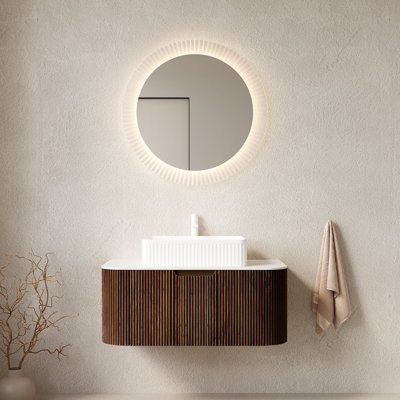 Meuble-lavabo de salle de bain avec lavabo, armoire de rangement de salle de bain flottante à bords arrondis avec tiroir, lavabo rectangulaire en céramique blanche, sans robinet, pré-assemblé