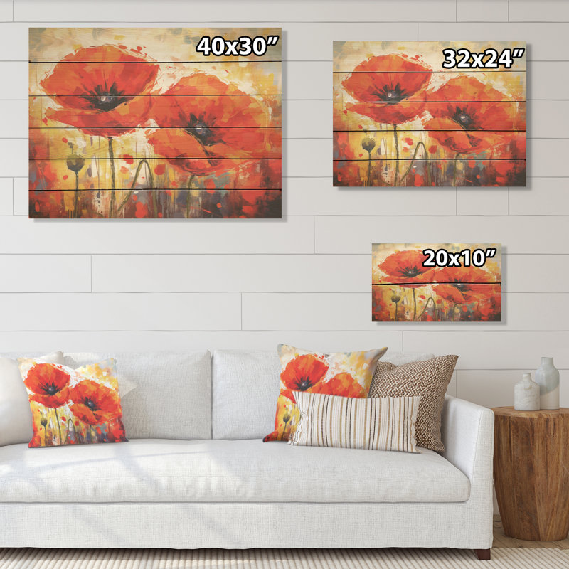 Rêves éclatants de coquelicots rouges et jaunes - coquelicots, art sur bois de pin naturel, H 10 po x l 20 po