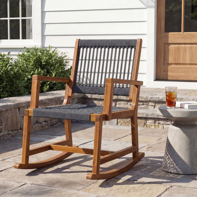 Laguna Coastal Solid Natural Acacia Wood and Navy Blue Woven Rope Indoor/Outdoor Rocking Armchair for Patio, Front Porch, or Living Room