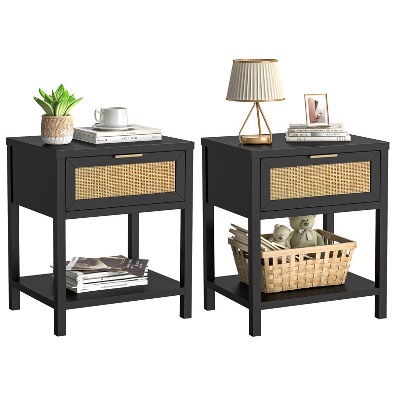 Wood Nightstand Mid-Century Modern End Table with Storage Drawer Rattan Bedside Table(Set of 2)