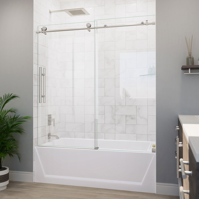 55" - 59" W x 62" H Single Sliding Frameless Tub Door with ClearMax Glass Treatment, Brushed Stainless Steel
