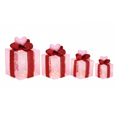Set Of 4 Pink Heart Led Boxes, Battery Powered, Indoor Outdoor Valentine Party Wedding Decor