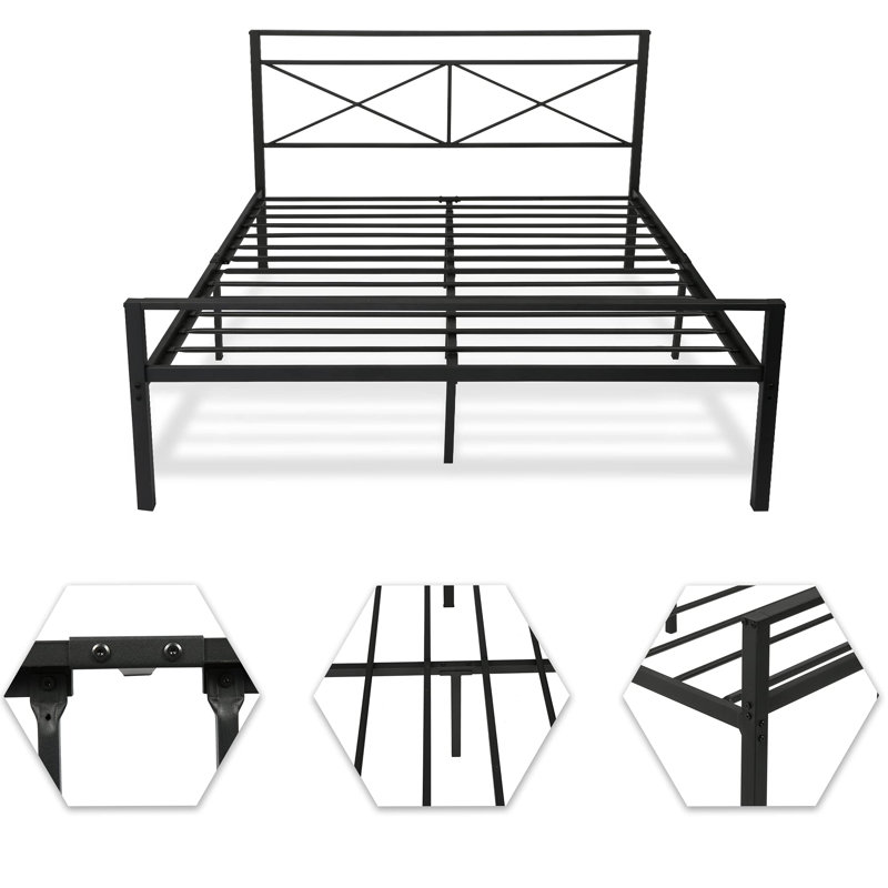 Queen Black Metal Frame Bed with Upholstered Headboard