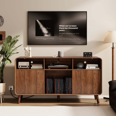 Angela TV Console & Record Player Stand with Charging Station, Entertainment Center with Vinyl Record Storage, TV Stand for Living Room/Bedroom