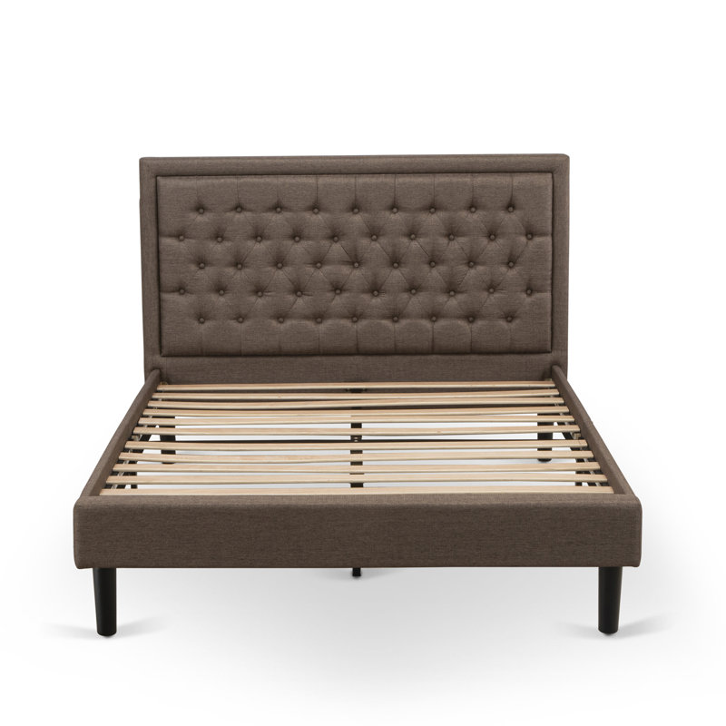 Ensemble de chambre à coucher 3 pièces - 1 grand lit rembourré en tissu de lin brun et tête de lit capitonnée avec 2 tables de chevet en bois - Table de chevet au fini noir brossé
