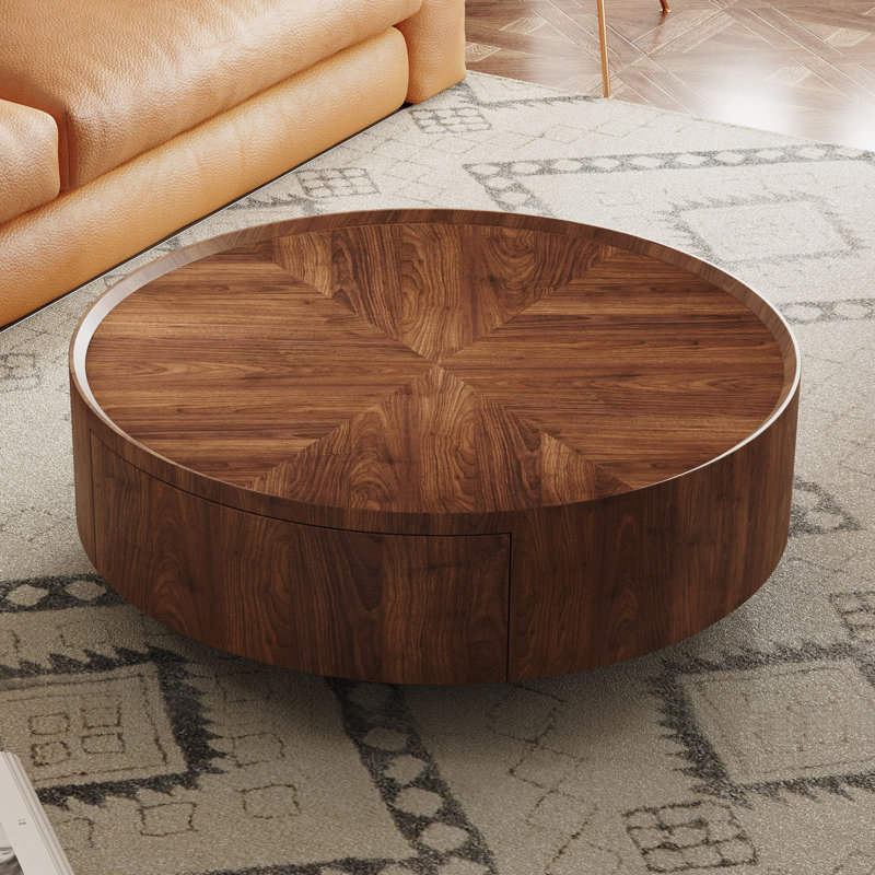 Walnut Wood Grain Pattern Round Coffee Table With Dual Drawers For Living Room, 12.6" H x 31.5" L x 31.5" W