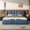 Lit plateforme tapissier grand en cuir - tête de lit à oreilles bleu antique, pied de lit ondulé, aucun sommier tapissier requis
