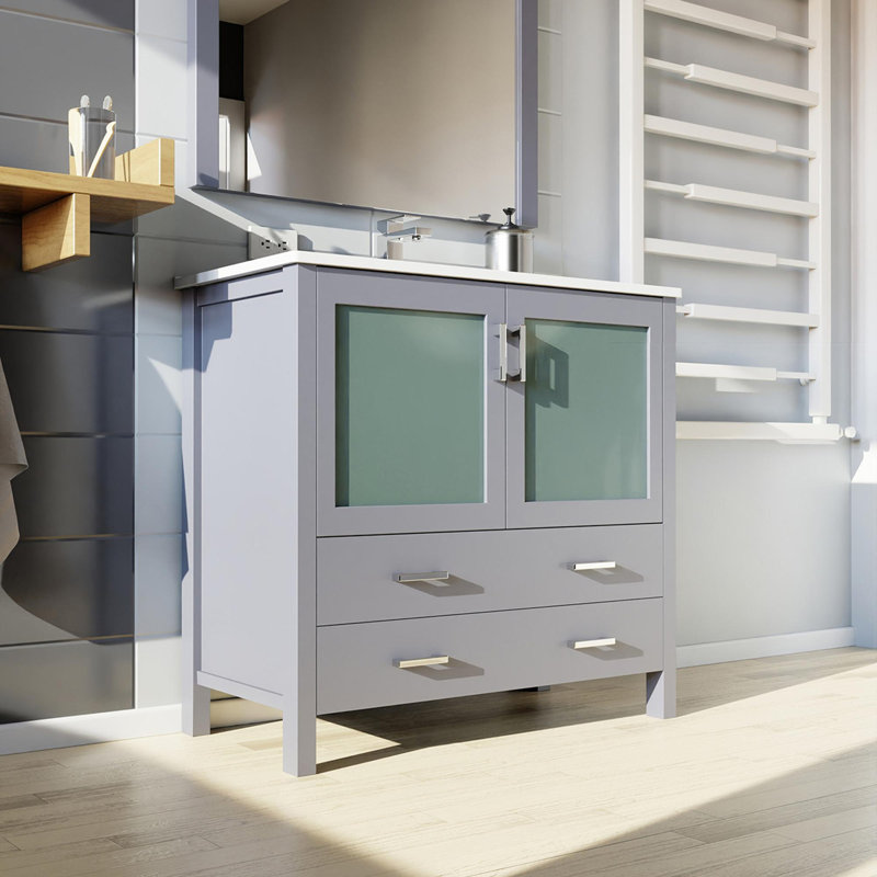 Bath Vanity with White Ceramic Top, Dark Gray