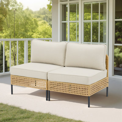 Outdoor Natural Wicker Sofa Boho Patio Sectional Loveseat Furniture Set With Beige Csuhions