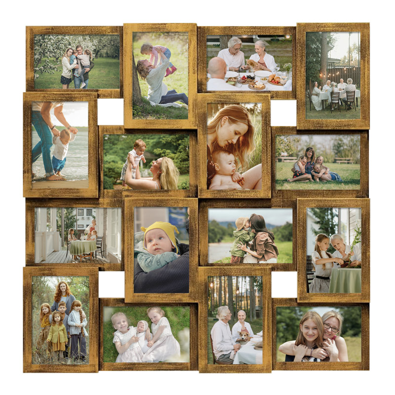 Grid 16 Opening Collage Picture Frame Set, Gold PVC Wall Gallery Decor, Rustic Brown