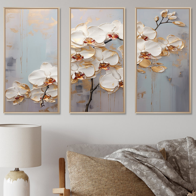 Beige And Gold Orchid Bloom IV - Orchids Wall Art Living Room Set, 40" H x 60" W x 1" D, Natural Floater Framed
