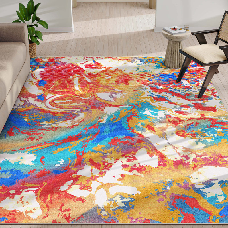  Tapis multicolore à tissage plat abstrait marbré abstrait bohème, Rectangle 7 pi 7 po x 9 pi 10 po