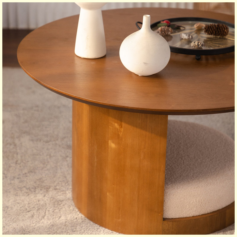 Ensemble de tables basses 31,5 "rondes en bois de style campagnard avec 3 tabourets gigognes en tissu Teddy, table centrale multifonctionnelle avec rangement caché pour le salon