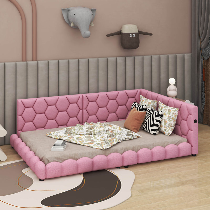 Lit plateforme tapissier double avec ports USB et DEL, Rose