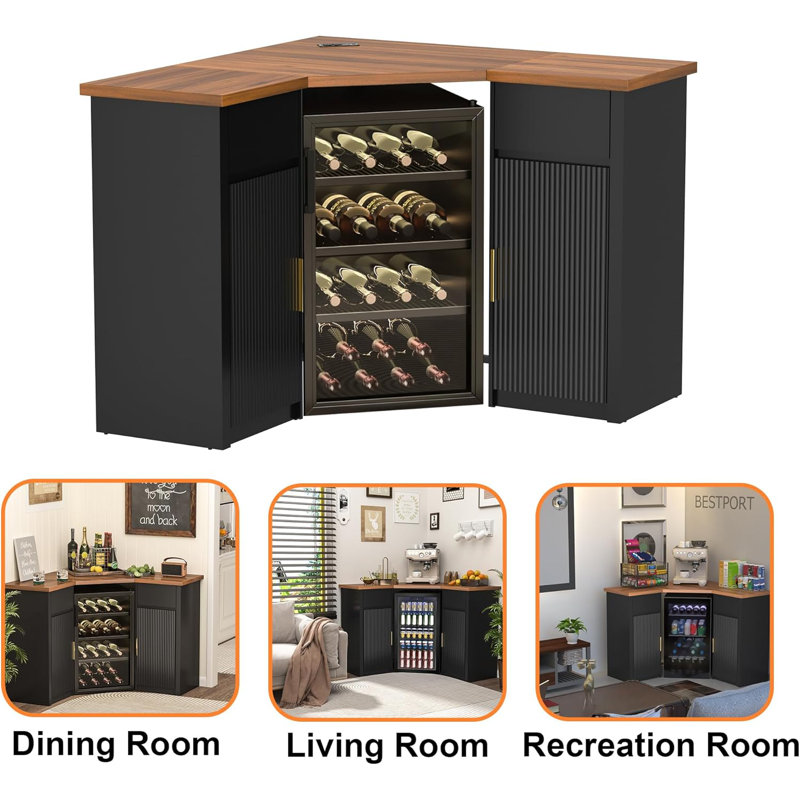 Corner Bar Cabinet with Fridge Space, Corner Coffee Bar Station with Storage, L Shaped Liquor Wine Cabinet for Home