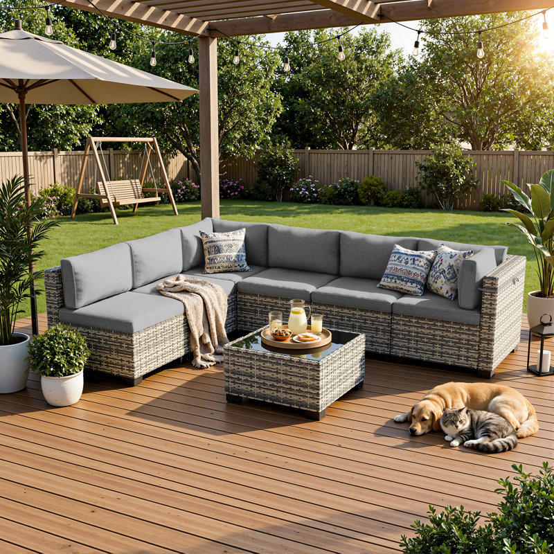 Ensemble de canapé modulaire d'extérieur 7 pièces avec osier en PEHD, coussins et table basse, ensemble de conversation modulaire pour patio