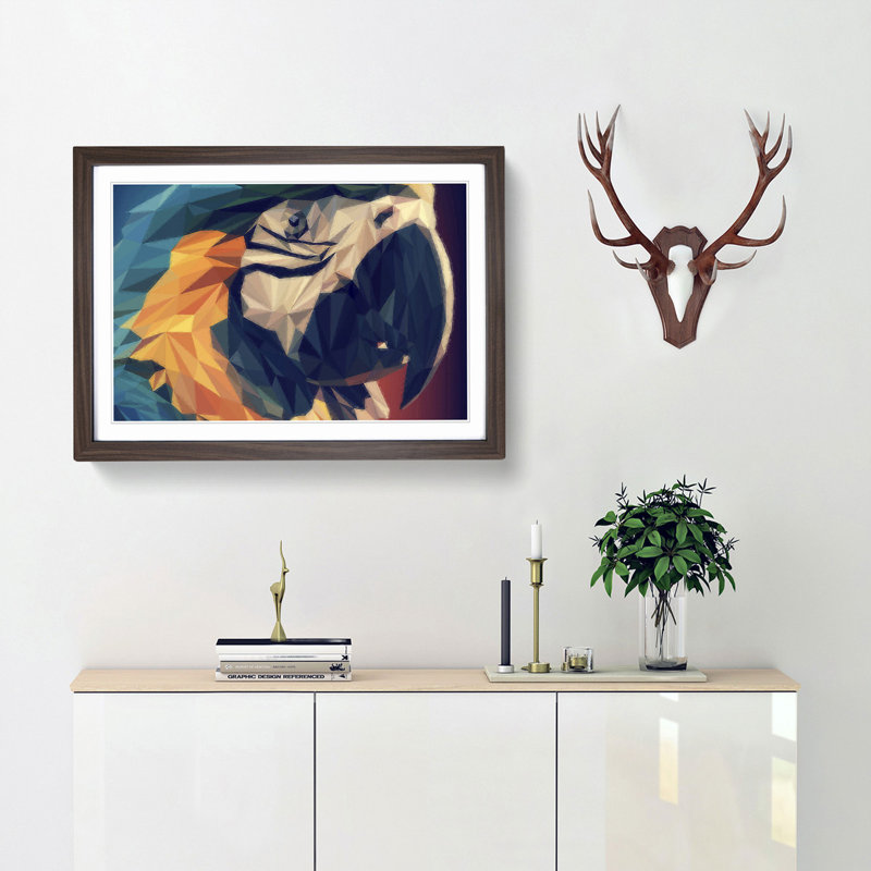 Geometric Macaw Parrot in Abstract - Framed Print, 62cm H x 87cm W x 2cm D, Walnut Framed