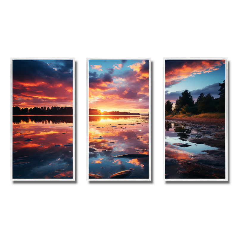 Horizon, coucher de soleil au bord du lac I - lac, art mural, Cadre flottant blanc, H 28 po x l 36 po x P 1 po