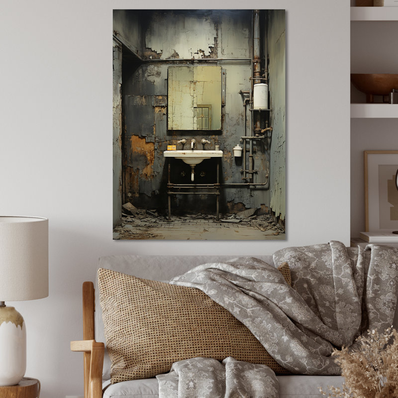 «Gray Industrial Minimalist Bath I» - Art mural en métal pour salle de bain, H 32 po x l 24 po x P 1 po