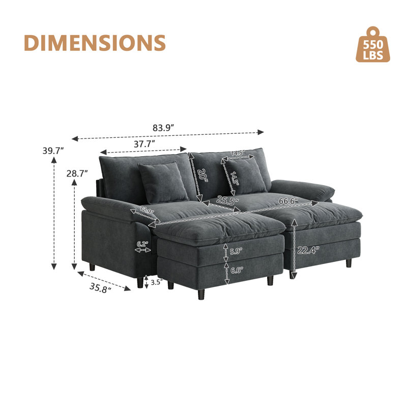 Canapé double en chenille avec deux repose-pieds, Gris