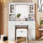 Meuble-lavabo blanc 41,4 po avec éclairage réglable, 5 tiroirs, 4 armoires, station de charge, tabouret rembourré et extérieur rétro - configuration idéale pour une chambre à coucher