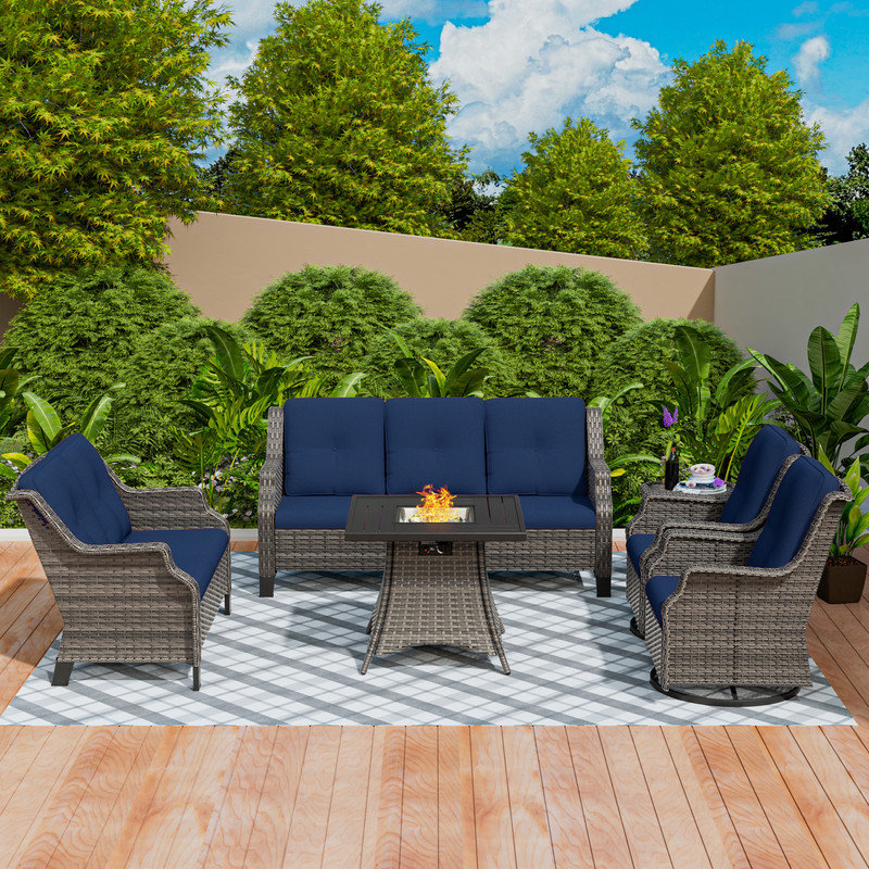 7-Person Seating Group With Fire Pit And Cushions, Blue