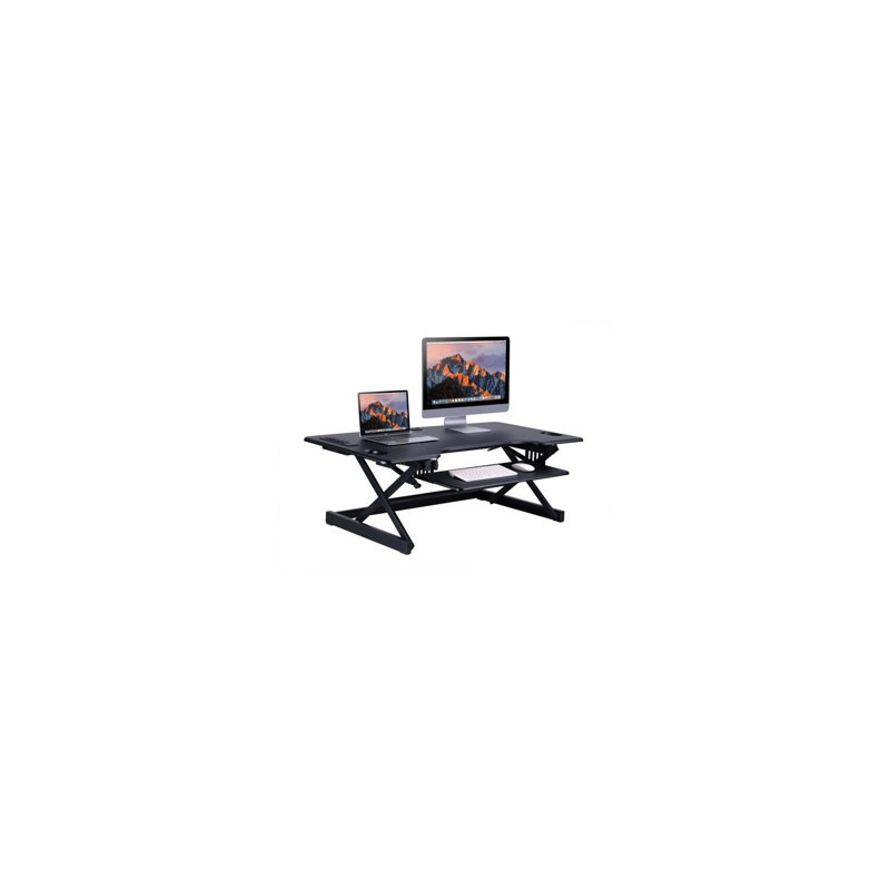  46 in. Black Standing Desk Converter with AC USB Charger and Triple Monitor Mount Arm with Keyboard Tray