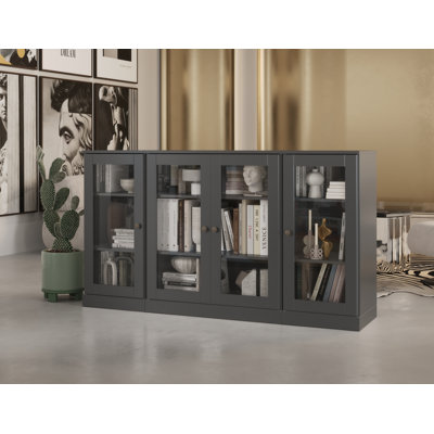 Buffet 100% bois massif 65 po avec portes en verre transparent et tablettes réglables