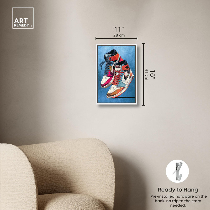 Sneaker sur toile bleue, art mural Sneaker par Art Remedy, cadre blanc, 10 x 15, Cadre blanc, H 16 po x l 11 po