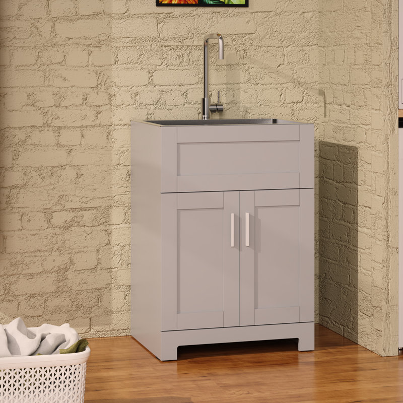 Armoire de buanderie 24 po avec lavabo en acier inoxydable, gris
