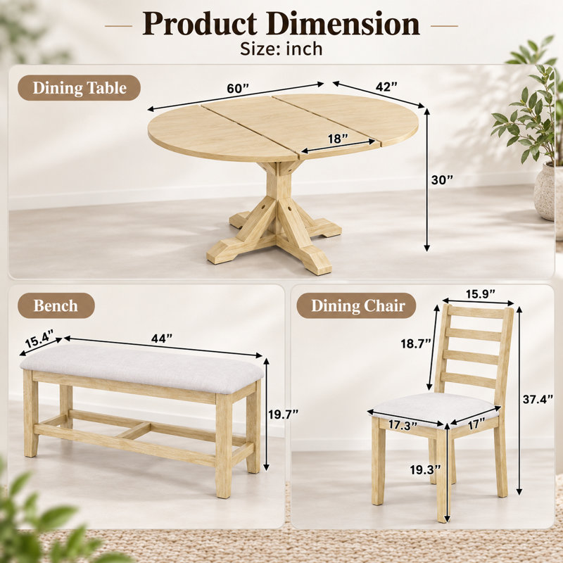 Ensemble de salle à manger extensible Cavressa 6 pièces, table à pied centrale en bois naturel avec rallonge amovible de 45 cm, 4 chaises à dossier échelle et banc de 112 cm