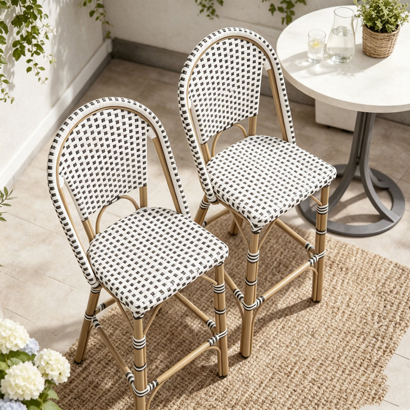 Tabouret de bar d'extérieur en rotin français avec structure en aluminium et finition en bambou, White+Black