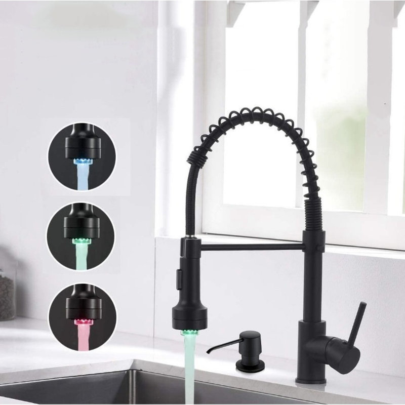 Robinet de cuisine rétractable à poignée simple avec distributeur de savon, Noir mat
