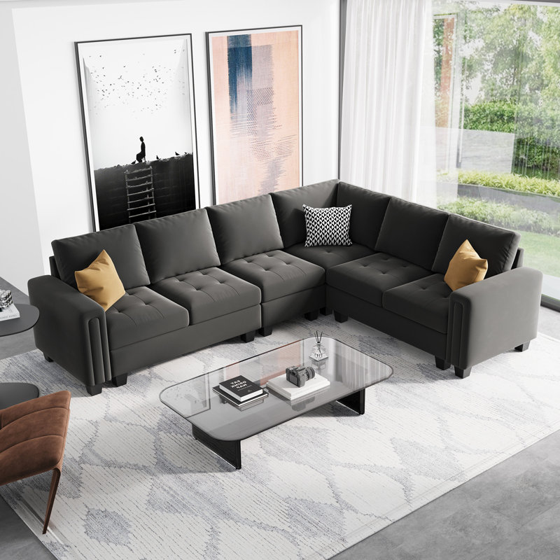Canapé modulaire en L 5 pièces Shavera, Velours gris velours