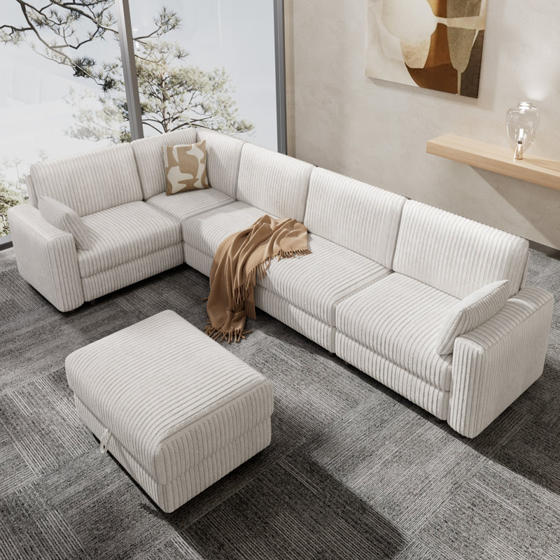 6 Seat Extra Large Modular Sectional Sofa With Luxurious Corduroy Upholstery, Modern Oversized Convertible U & L Shaped Sectional Couch With Deep Seat Ottoman, Tool-Free Assembly