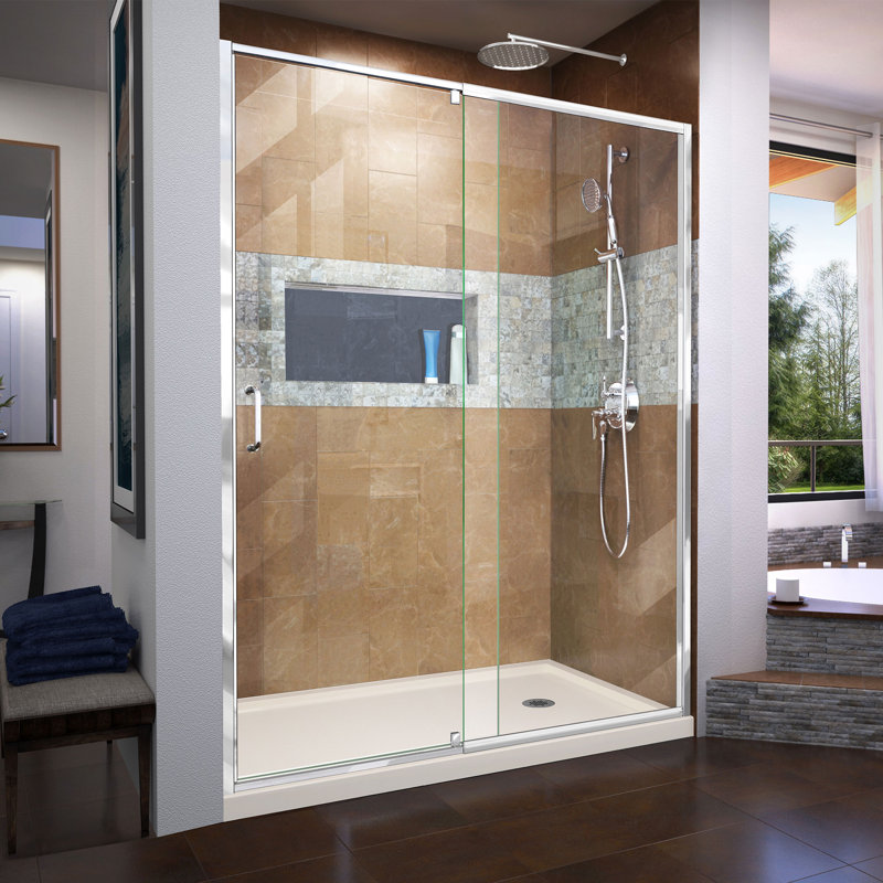 Flex 60" W x 30" D x 74.75" H Semi-Frameless Rectangle Pivot Shower Enclosure with Base Included, Chrome/Biscuit, Right