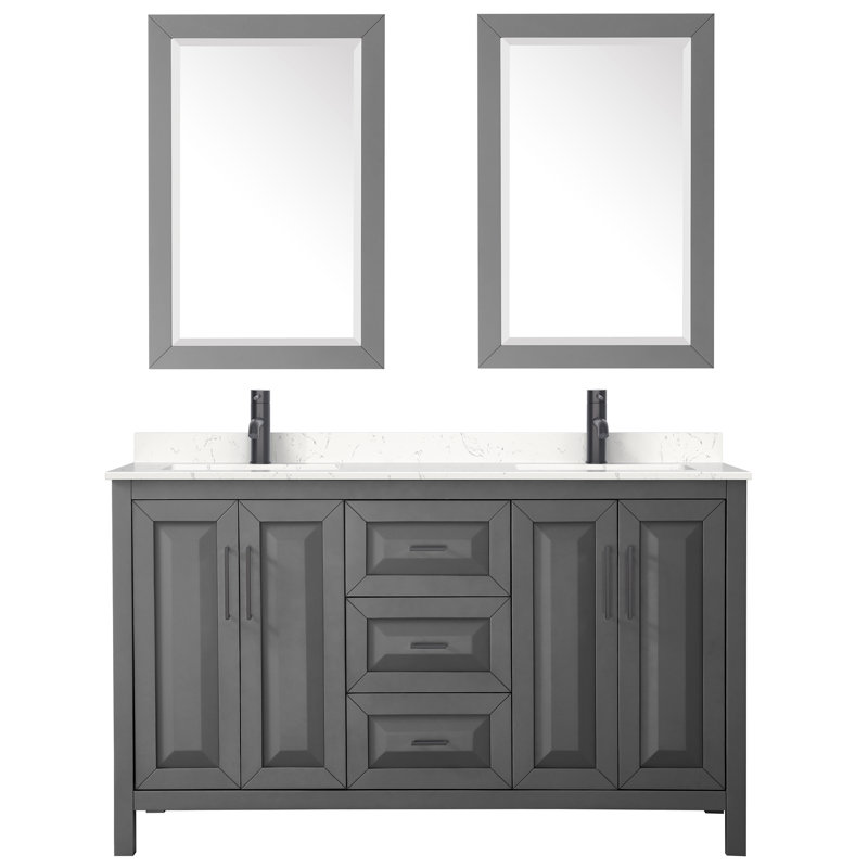 Daria 60'' W Double Vanity, White Cultured Marble, Dark Gray, Matte Black