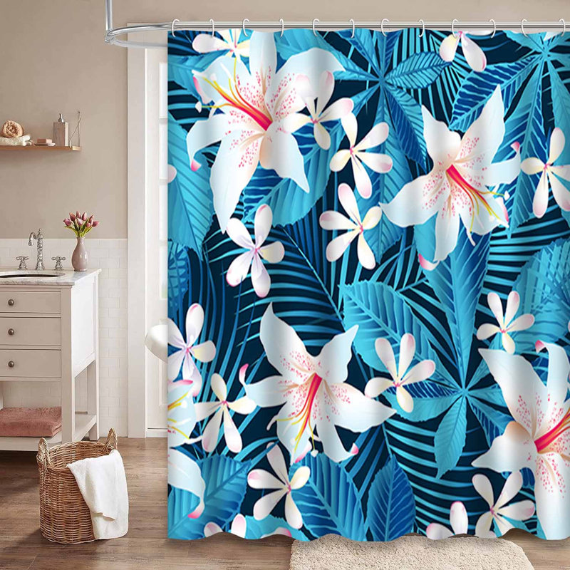 Rideau de douche imperméable à motif floral tropical avec 12 crochets Hibiscus, L 72 po x l 72 po