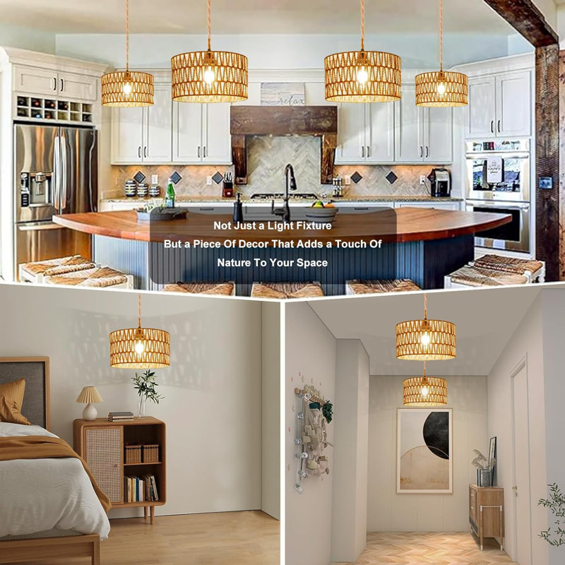 Natural Rattan and Metal Plug-In Pendant Light with Cylindrical Shade