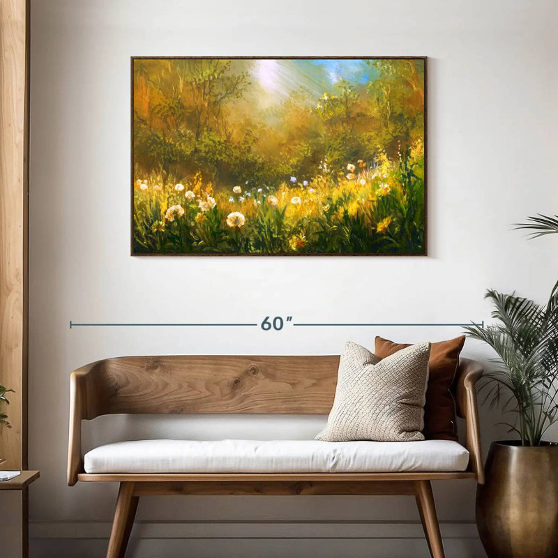 Champ de pissenlits, 43 po x 29 po, Cadre flottant noyer