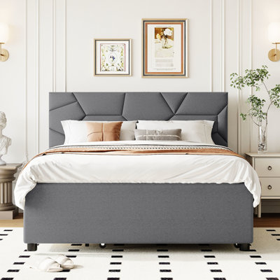 Full Upholstered Platform Bed With Brick Style Headboard & Storage - Gray Linen And Brick-pattern Headboard, Twin Trundle, 2 Drawers, Space Enhancing, No Box Spring