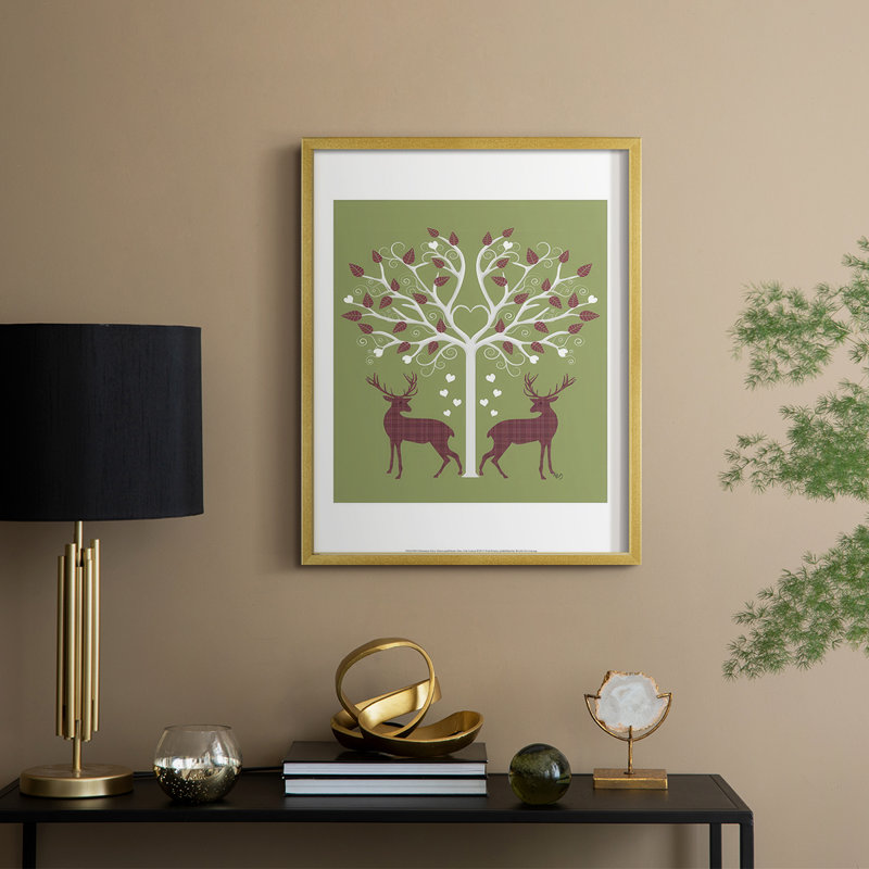 Christmas Des  Deer and Heart Tree, Pink On Green Framed Print - Solid Wood, H 11 po x l 9 po, Doré