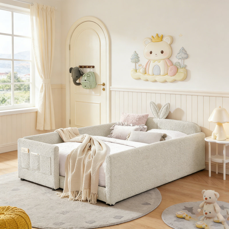 Lit plateforme tapissier avec jolie tête de lit en forme d'oreille de lapin, barrière de sécurité et poche de rangement en tissu bouclé